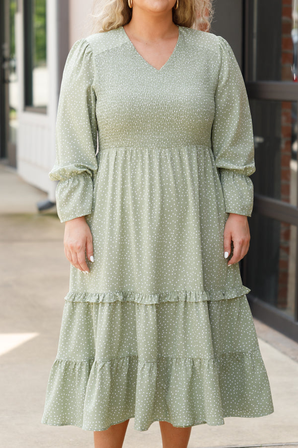 Chic Soul plus size clothing, green polka dotted tiered midi dress with a smocked bodice and bubble sleeves