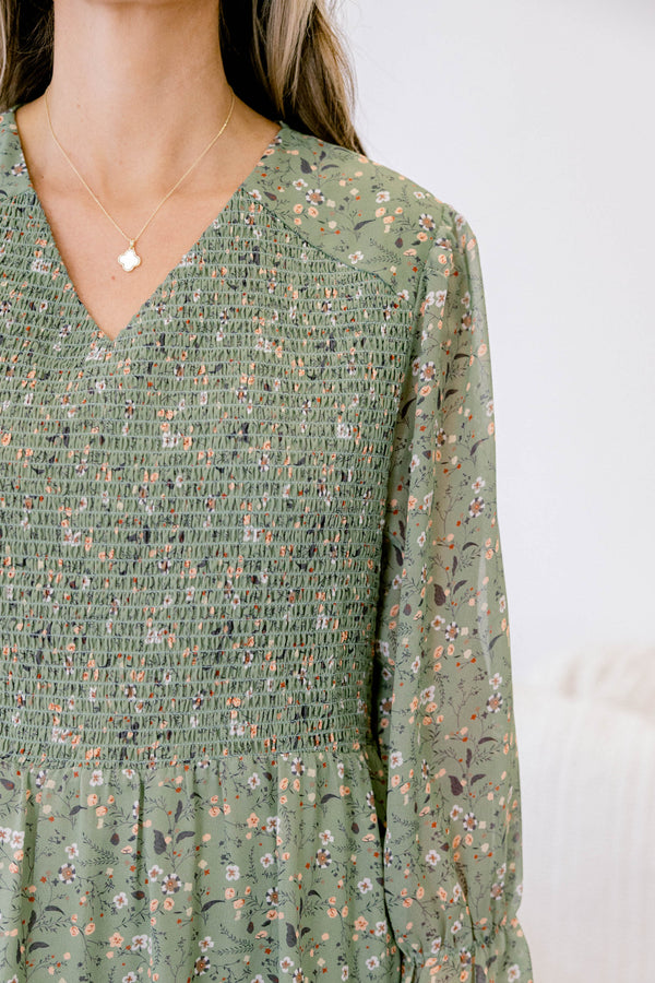 Chic Soul plus size clothing, green floral print long sleeve flowy tiered midi dress
