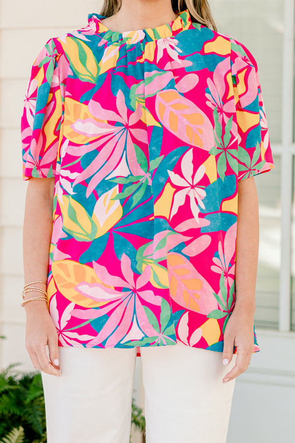 Chic Soul plus size clothing, short-sleeve fuchsia top with a mock neck and an abstract tropical bright multi-colored pattern 