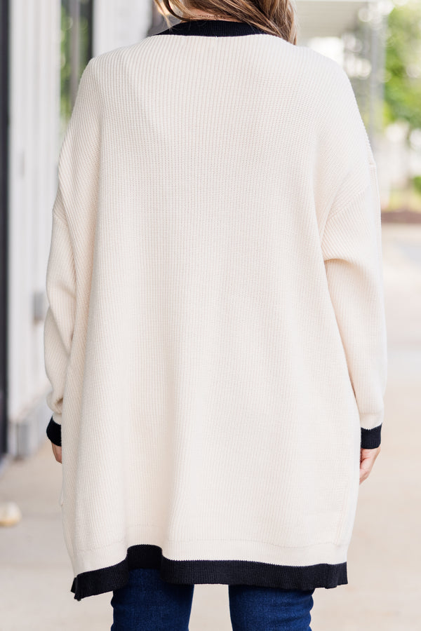 Chic Soul plus size clothing, long-sleeve cream/black color block striped cardigan with pockets 