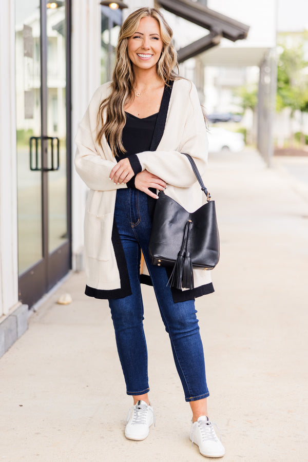 Chic Soul plus size clothing, long-sleeve cream/black color block striped cardigan with pockets 