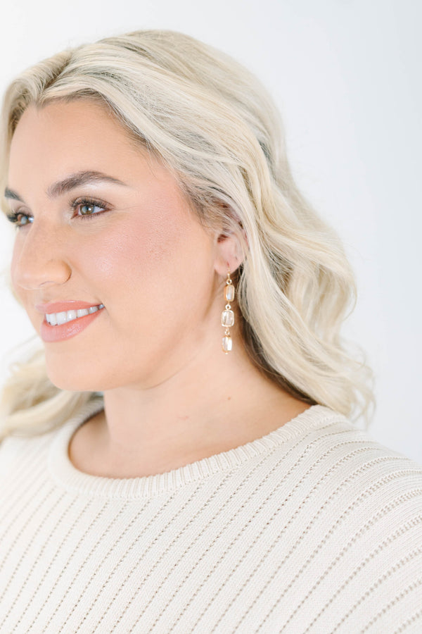 Plus Size gold-plated drop earrings with three cascading clear crystals 