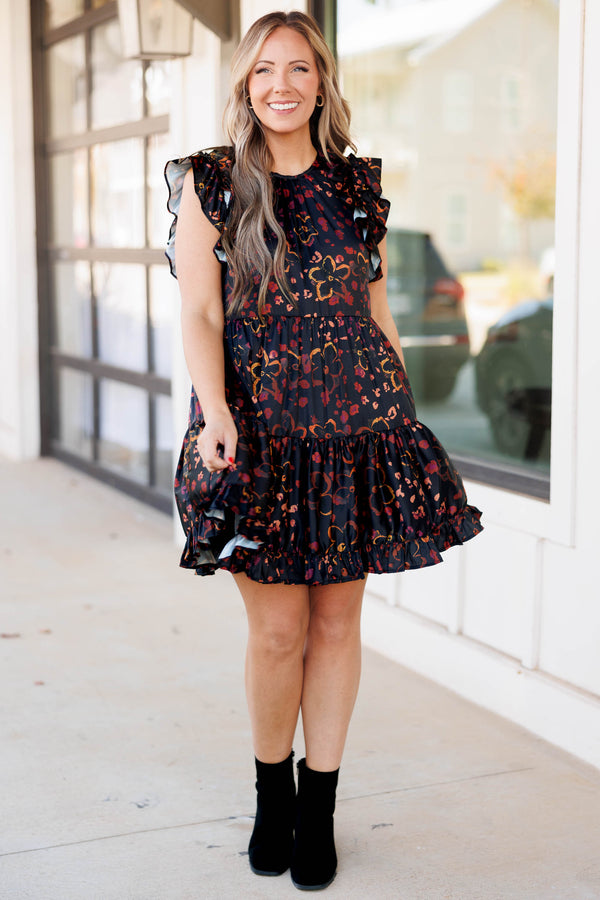 Chic Soul plus size clothing, black multicolored flower pattern dress with flutter sleeves with a flair at the hem