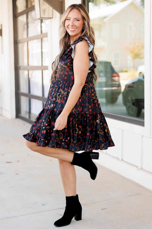 Chic Soul plus size clothing, black multicolored flower pattern dress with flutter sleeves with a flair at the hem