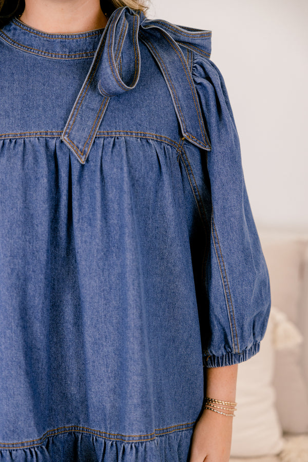 Chic Soul plus size clothing, medium wash denim 3/4 sleeve tiered baby doll dress with oversized bow tie at the collar