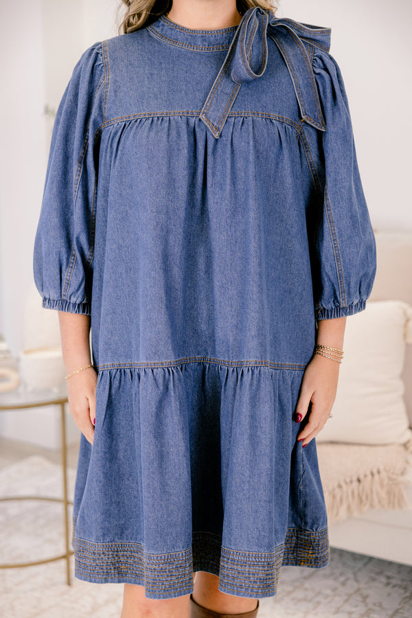 Chic Soul plus size clothing, medium wash denim 3/4 sleeve tiered baby doll dress with oversized bow tie at the collar