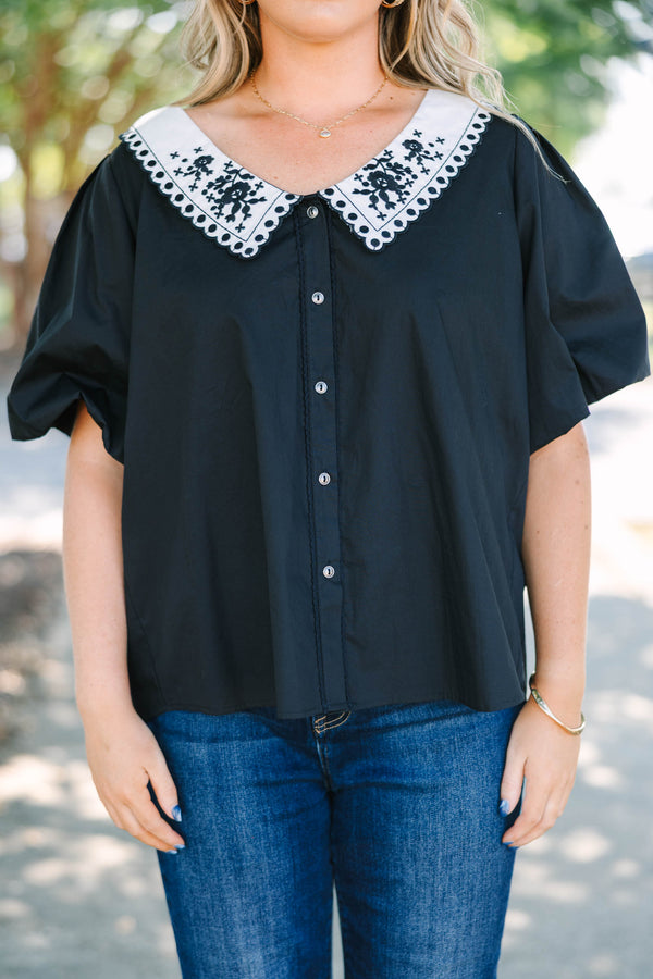 Plus Size black cotton button-down top with a white embroidered Peter Pan collar and puff sleeves.