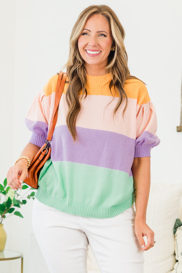 Chic Soul plus size clothing, short-puffed-sleeve multi-colored sweater with a mock neck and color block striped pattern