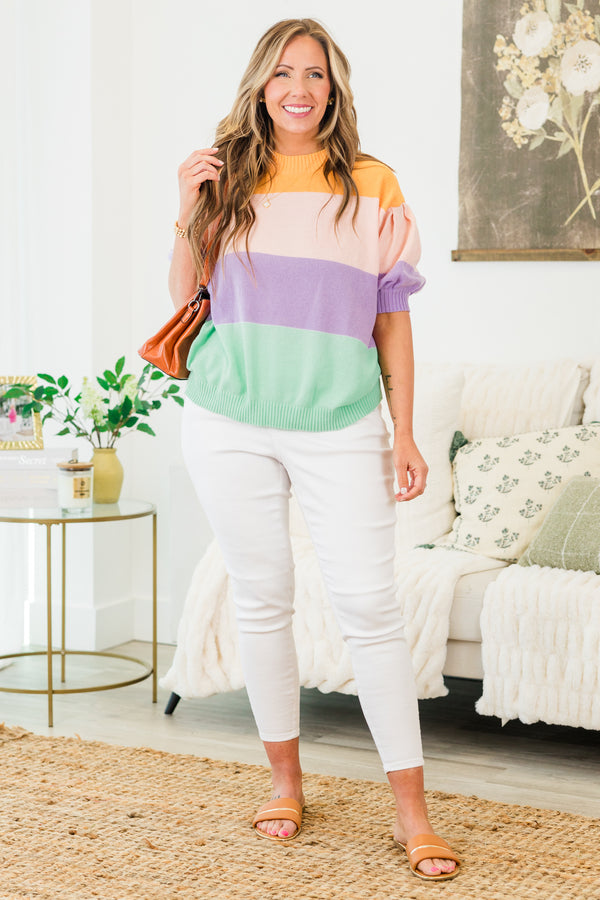 Chic Soul plus size clothing, short-puffed-sleeve multi-colored sweater with a mock neck and color block striped pattern
