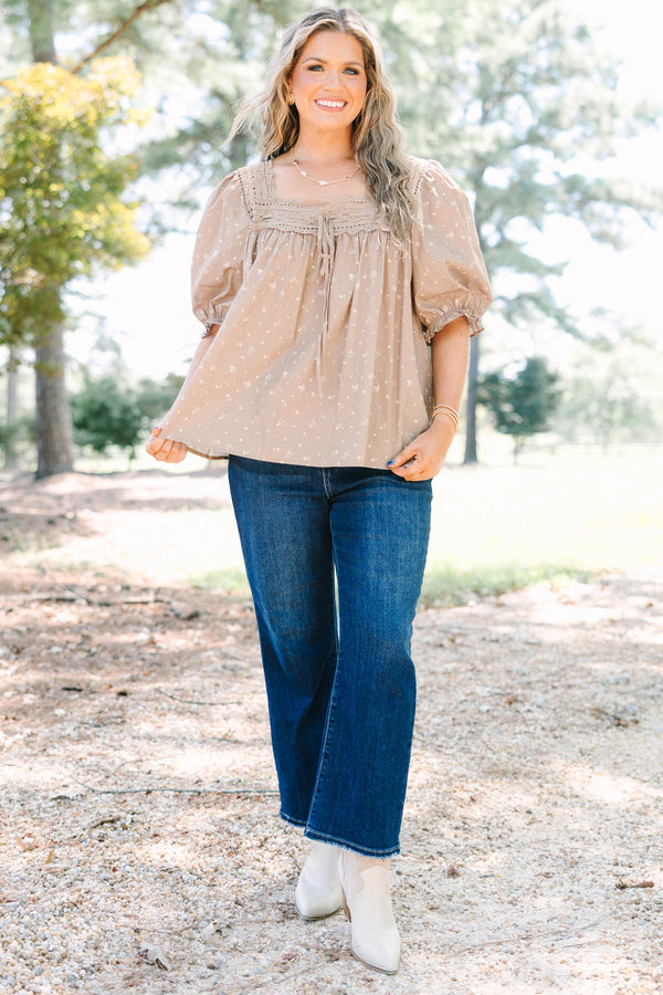 Plus Size brown floral cotton top with lace-trimmed square neckline, tie detail, and puff sleeves.