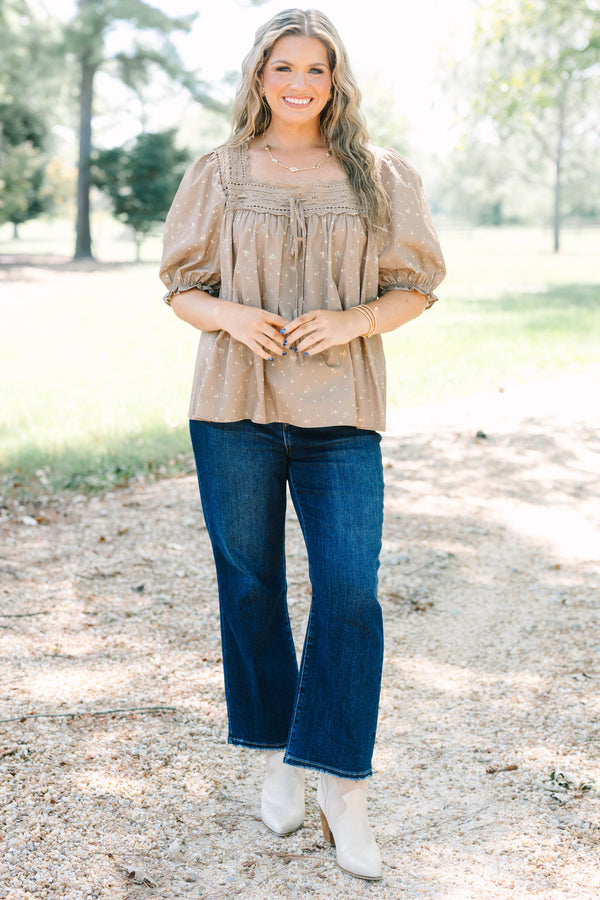 Plus Size brown floral cotton top with lace-trimmed square neckline, tie detail, and puff sleeves.