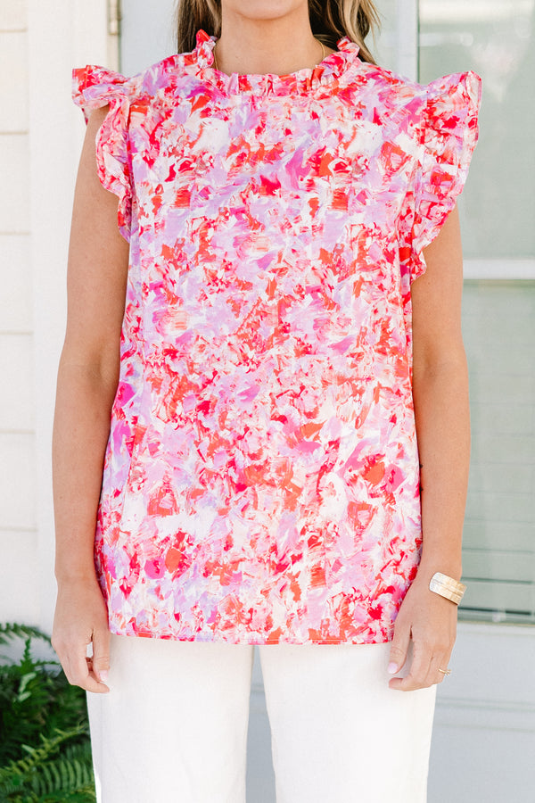 Chic Soul plus size clothing, short-flutter-sleeve pink top with a ruffled mock neck with an abstract pink pattern