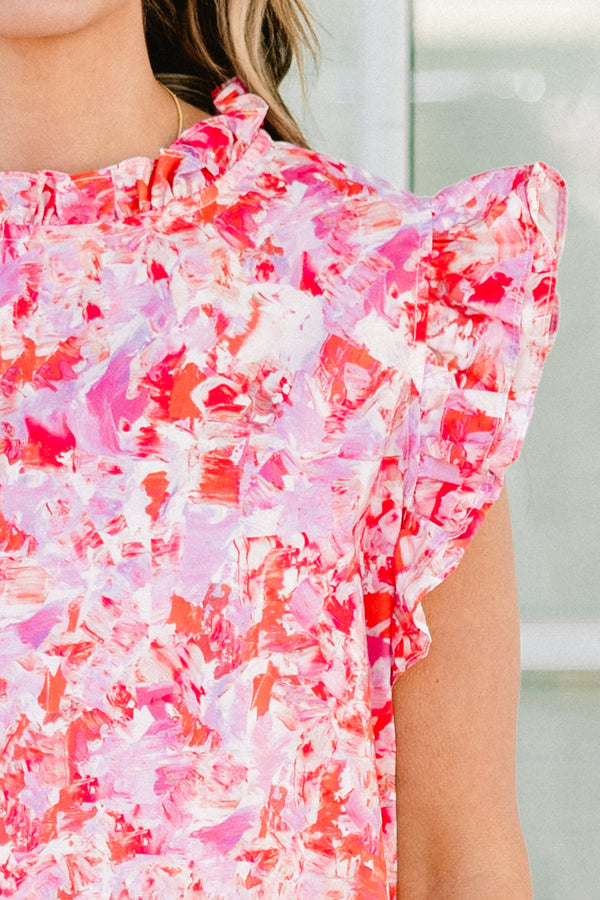 Chic Soul plus size clothing, short-flutter-sleeve pink top with a ruffled mock neck with an abstract pink pattern
