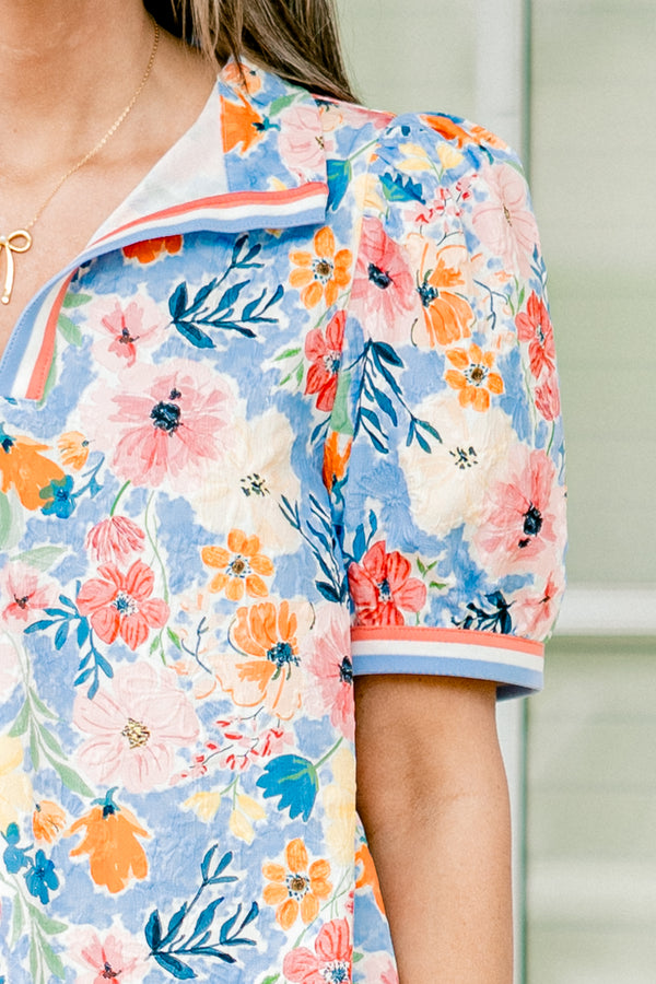 Chic Soul plus size clothing, blue and pink, orange, cream floral short dress with rounded collar and puff sleeves