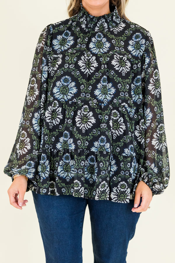 Chic Soul plus size clothing, long-balloon-sleeve black top with smocked turtle-neck and blue and white floral pattern