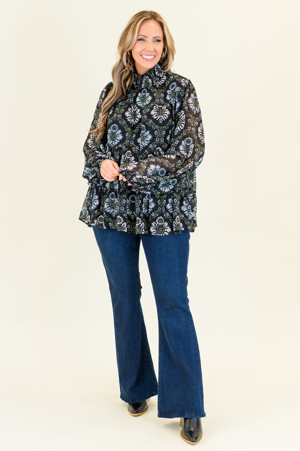 Chic Soul plus size clothing, long-balloon-sleeve black top with smocked turtle-neck and blue and white floral pattern
