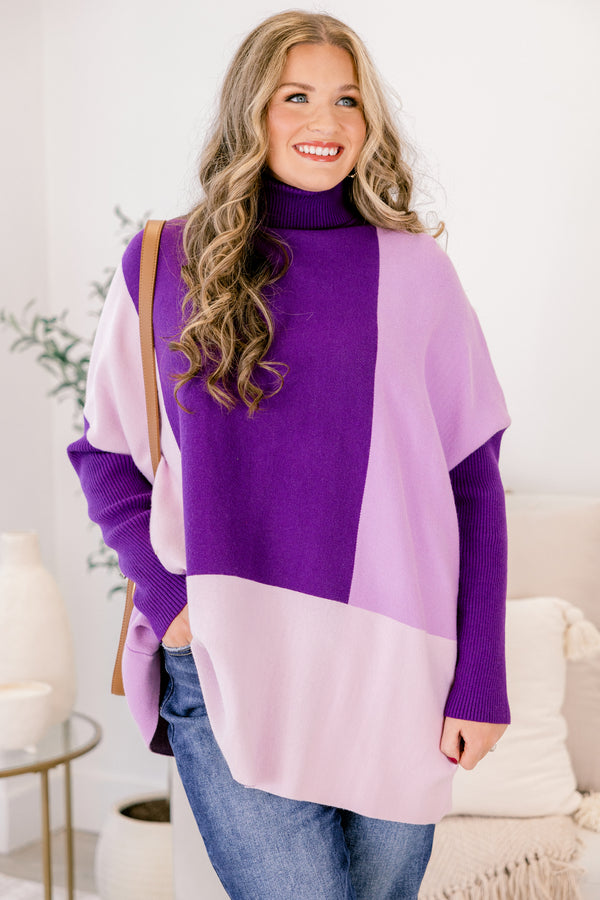 Chic Soul plus size clothing, purple color blocked long sleeve turtle neck tunic sweater