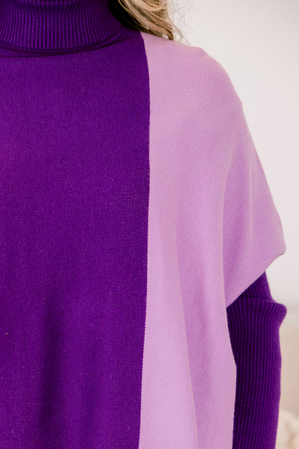 Chic Soul plus size clothing, purple color blocked long sleeve turtle neck tunic sweater