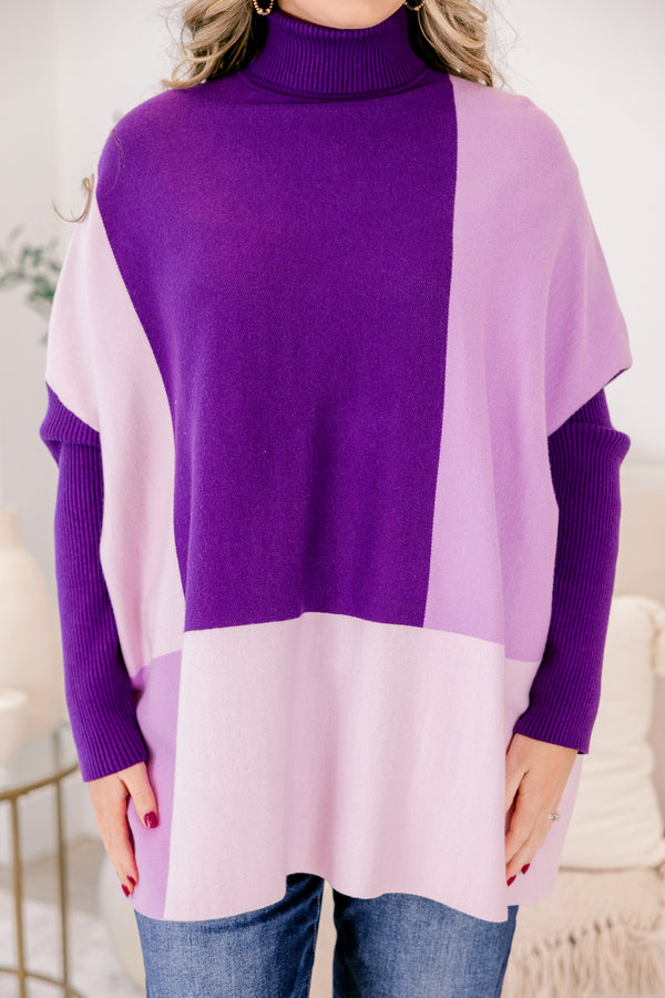 Chic Soul plus size clothing, purple color blocked long sleeve turtle neck tunic sweater
