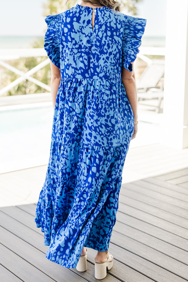 Chic Soul plus size clothing, short-flutter-sleeve ruffled blue baby doll maxi dress with a high-neckline and a darker blue abstract leopard print spotted pattern