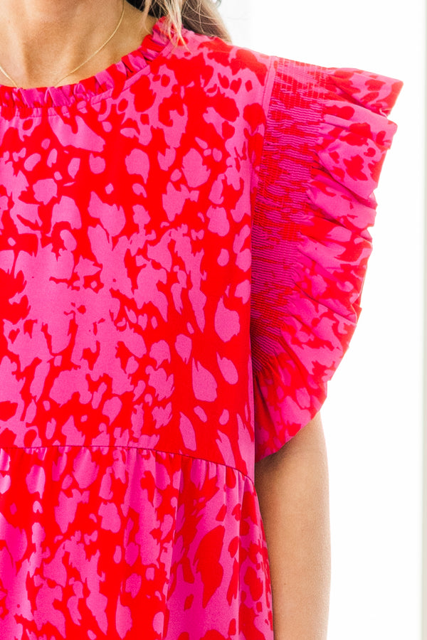 Chic Soul plus size clothing, fuchsia short sleeve tiered maxi dress with abstract spotted print with round neckline with ruffle detail with ruffle flare sleeves