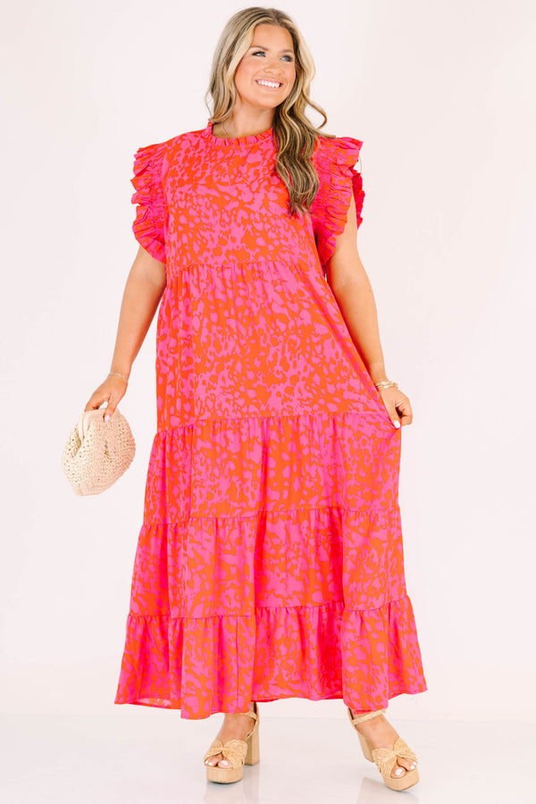 Chic Soul plus size clothing, fuchsia short sleeve tiered maxi dress with abstract spotted print with round neckline with ruffle detail with ruffle sleeves
