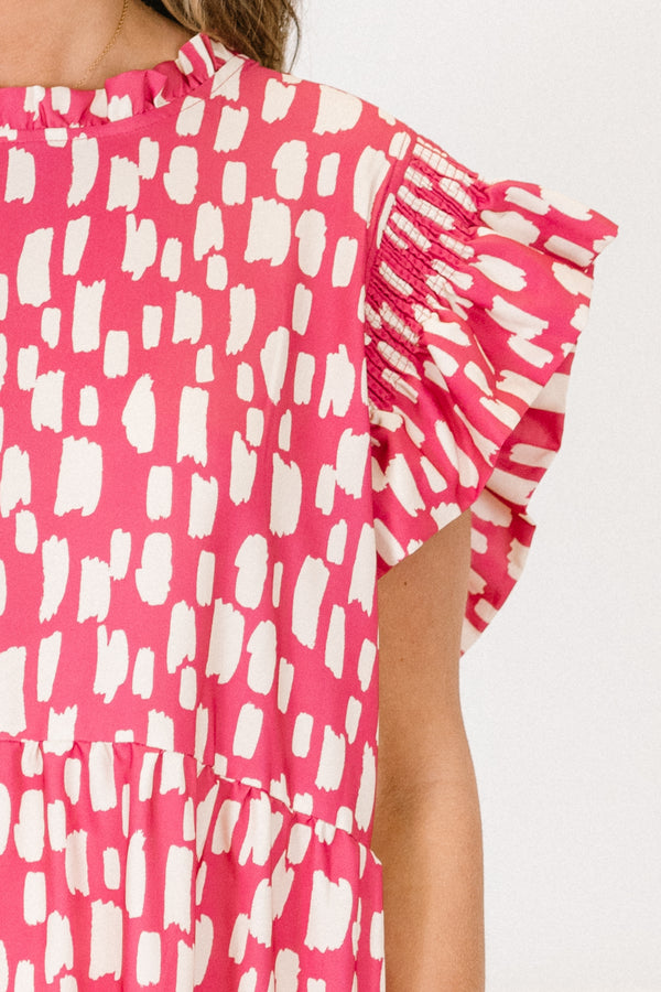 Chic Soul plus size clothing, hot pink short-flutter-sleeve high ruffled neck tiered maxi dress with white abstract squarish spotted pattern