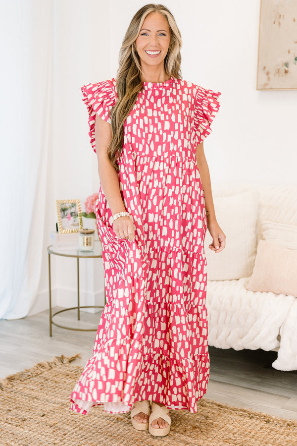 Chic Soul plus size clothing, hot pink short-flutter-sleeve high ruffled neck tiered maxi dress with white abstract squarish spotted pattern