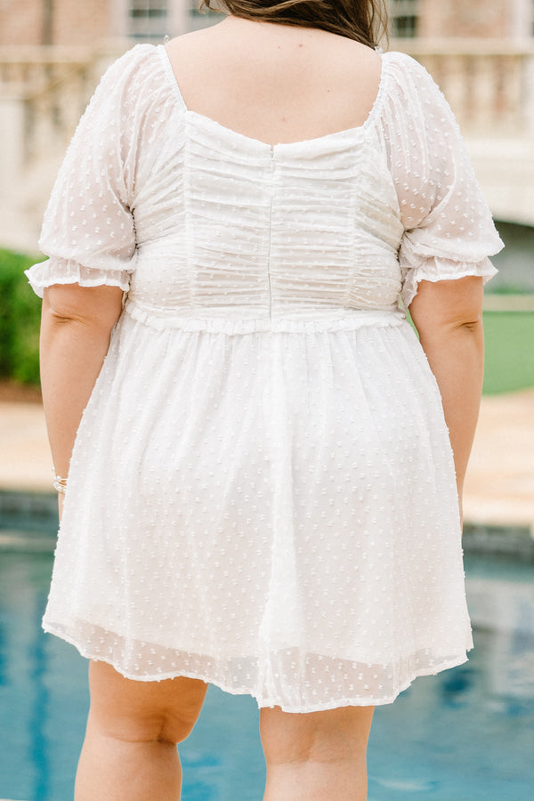 Chic Soul plus size clothing, short sleeve ivory baby doll dress with lace detailing and puffed sleeves