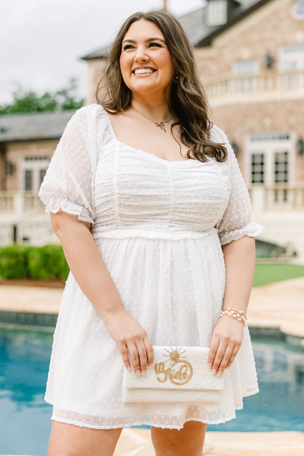 Chic Soul plus size clothing, short sleeve ivory baby doll dress with lace detailing and puffed sleeves