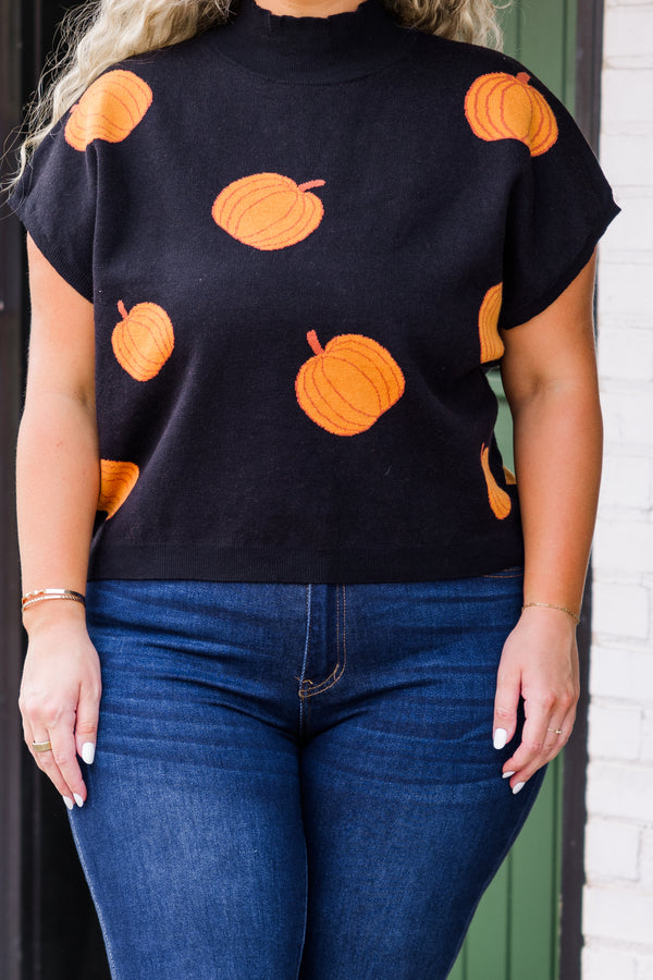 Chic Soul plus size clothing, black short sleeve high neck vest with orange pumpkins
