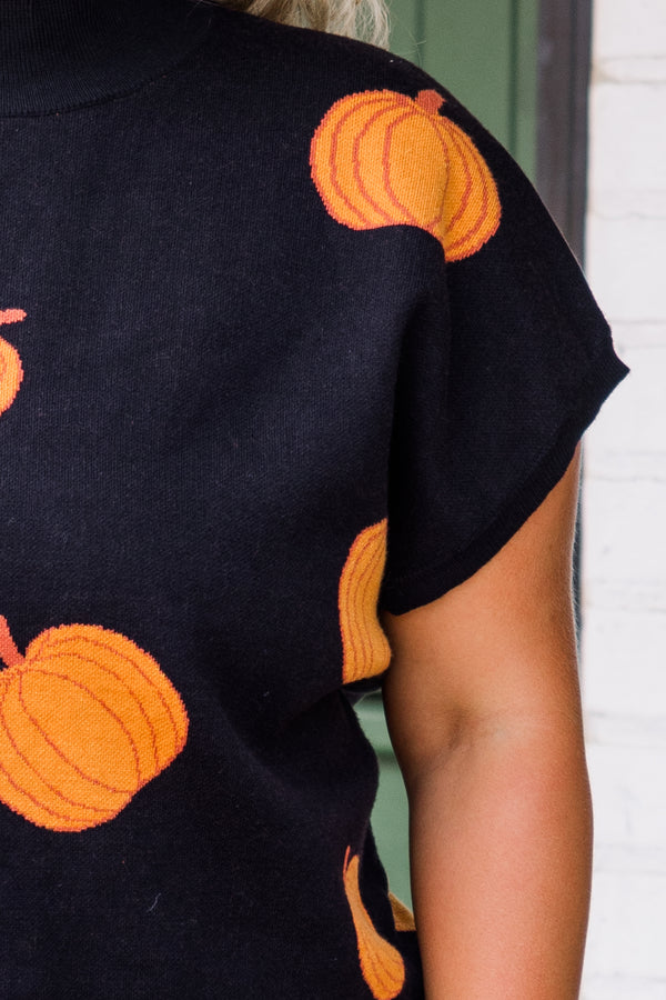 Chic Soul plus size clothing, black short sleeve high neck vest with orange pumpkins
