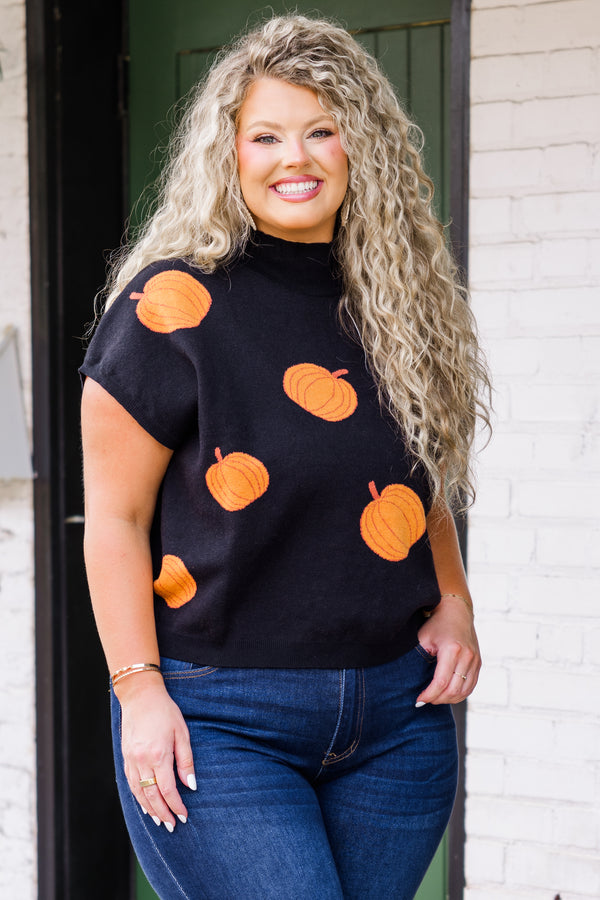 Chic Soul plus size clothing, black short sleeve high neck vest with orange pumpkins
