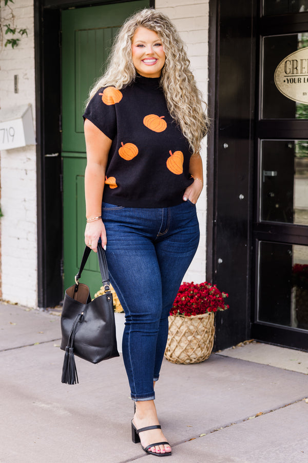 Chic Soul plus size clothing, black short sleeve high neck vest with orange pumpkins
