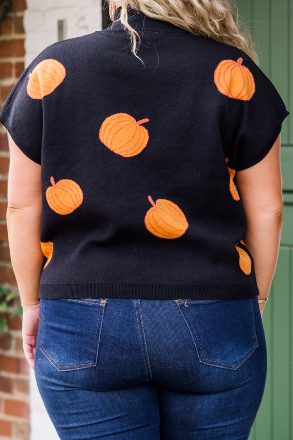 Chic Soul plus size clothing, black short sleeve high neck vest with orange pumpkins
