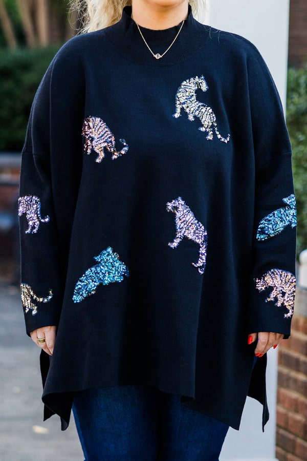 Chic Soul plus size clothing, black long sleeve knit top with slits along side and mock neckline with sequin multicolor animals