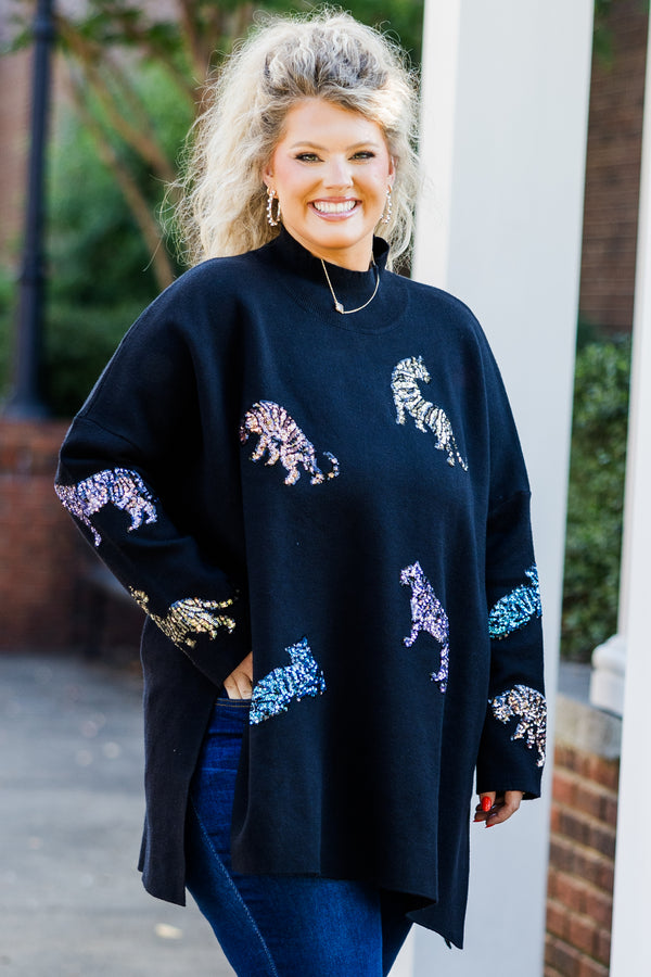 Chic Soul plus size clothing, black long sleeve knit top with slits along side and mock neckline with sequin multicolor animals