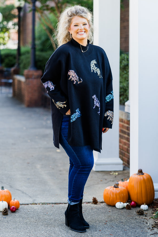 Chic Soul plus size clothing, black long sleeve knit top with slits along side and mock neckline with sequin multicolor animals