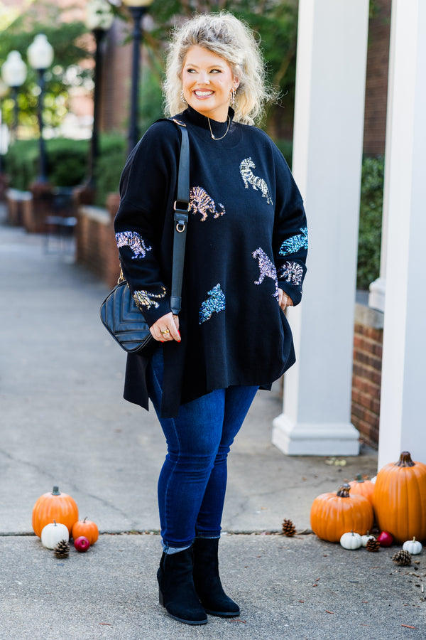 Chic Soul plus size clothing, black long sleeve knit top with slits along side and mock neckline with sequin multicolor animals