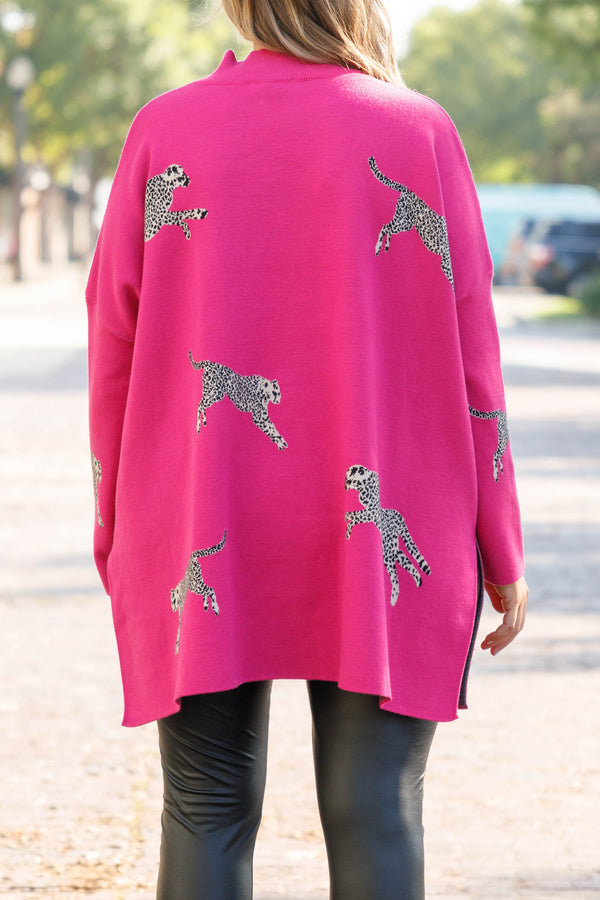 Chic Soul plus size clothing, hot pink oversized sweater with leopard print and high neckline