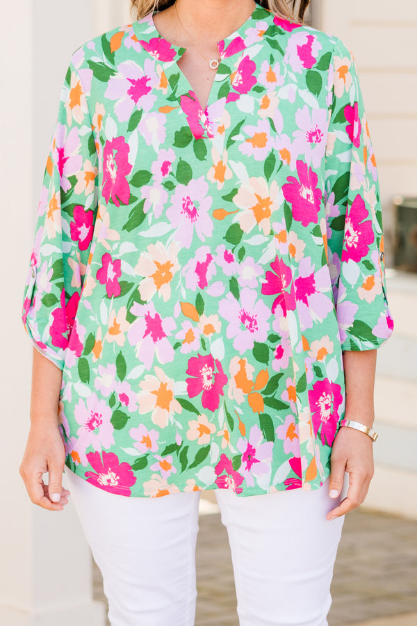 Chic Soul plus size clothing, green three quarter length sleeve top with floral design