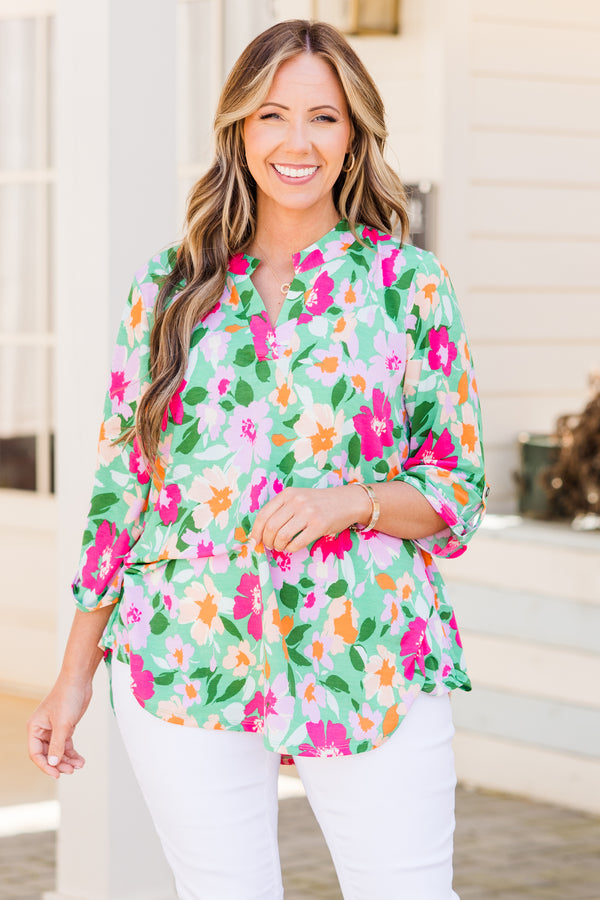 Chic Soul plus size clothing, green three quarter length sleeve top with floral design