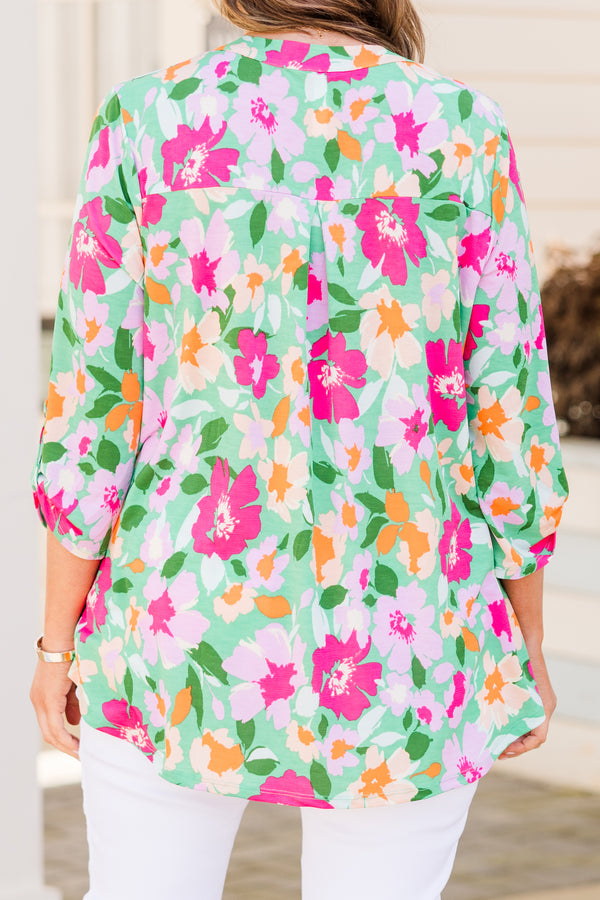 Chic Soul plus size clothing, green three quarter length sleeve top with floral design