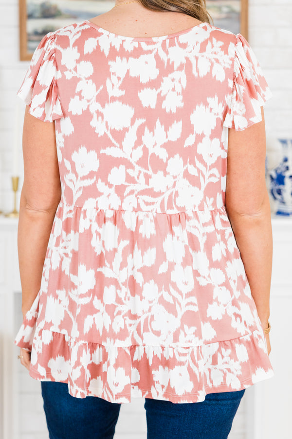 Chic Soul plus size clothing, pink short sleeve tiered top with v neckline with flutter sleeves with white floral print