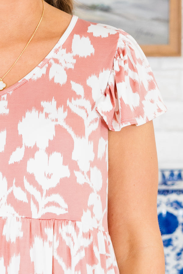 Chic Soul plus size clothing, pink short sleeve tiered top with v neckline with flutter sleeves with white floral print