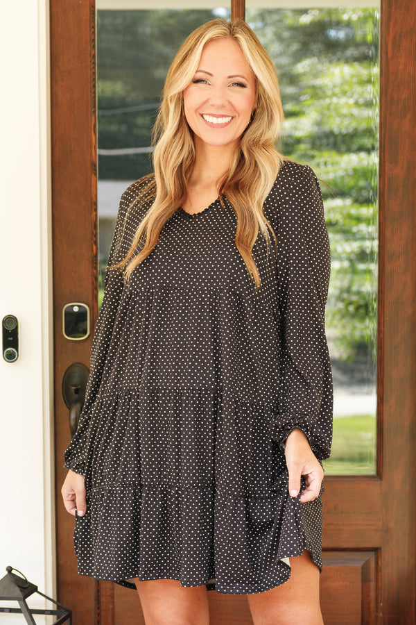 Chic Soul plus size clothing, black short dress with long sleeves and micro polka dots in white and babydoll style