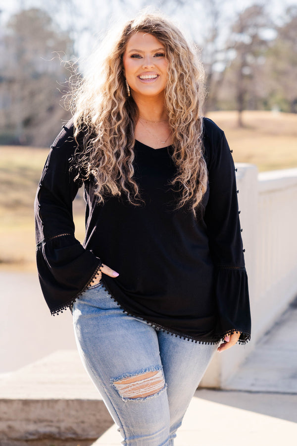 Chic Soul plus size clothing, black long sleeve top with bell sleeves and bottons down sleeve with eyelet detail along trim