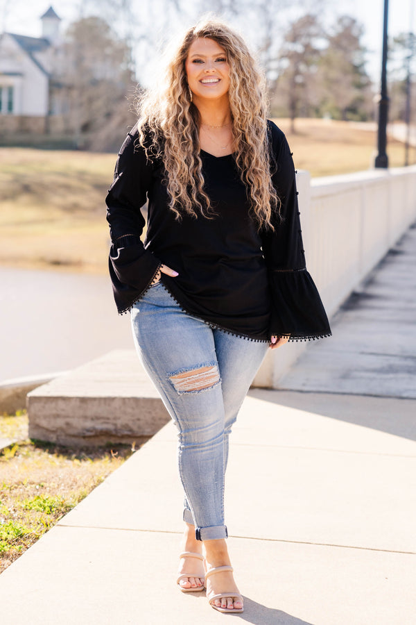 Chic Soul plus size clothing, black long sleeve top with bell sleeves and bottons down sleeve with eyelet detail along trim