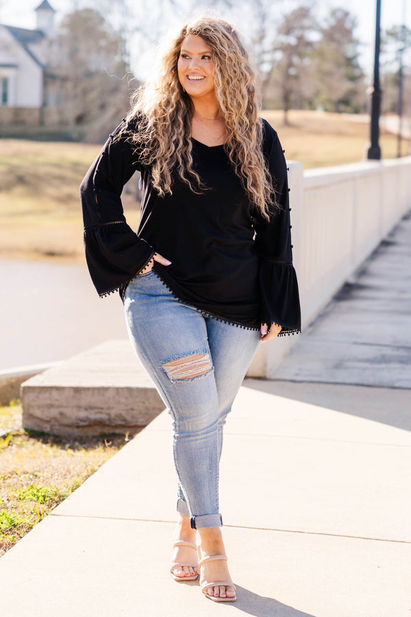 Chic Soul plus size clothing, black long sleeve top with bell sleeves and bottons down sleeve with eyelet detail along trim