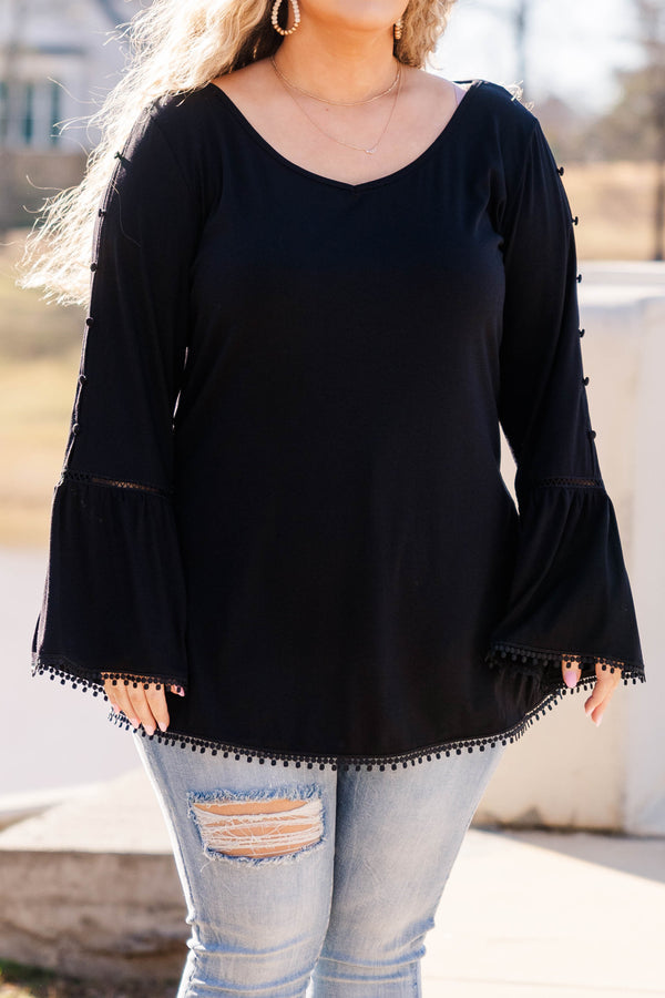 Chic Soul plus size clothing, black long sleeve top with bell sleeves and bottons down sleeve with eyelet detail along trim